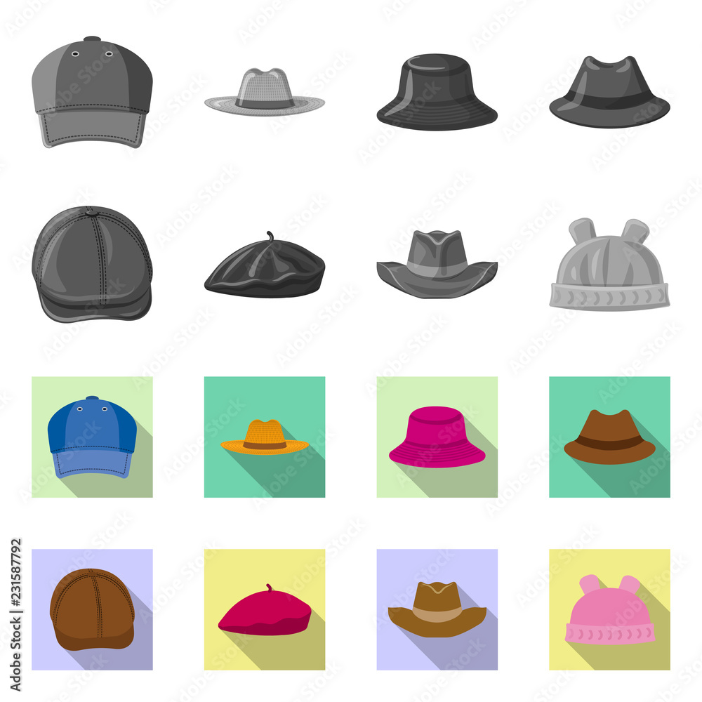 Isolated object of headgear and cap icon. Set of headgear and accessory stock symbol for web. Isolated object of headgear and cap icon. Set of headgear and accessory stock symbol for web.