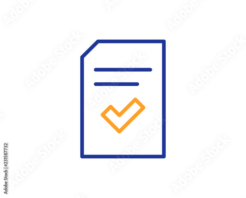 Checked Document line icon. Information File with Check sign. Correct Paper page concept symbol. Colorful outline concept. Blue and orange thin line color icon. Checked file Vector