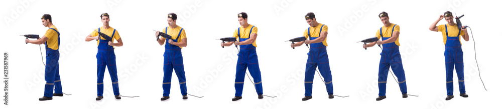 Contractor employee with hand power drill on white background Contractor employee with hand power drill on white background