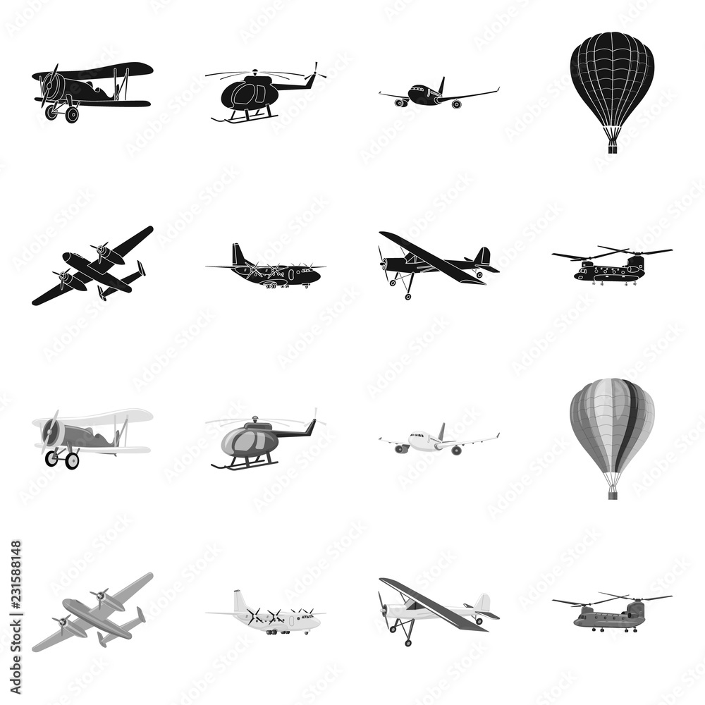 Vector design of plane and transport symbol. Set of plane and sky vector icon for stock.