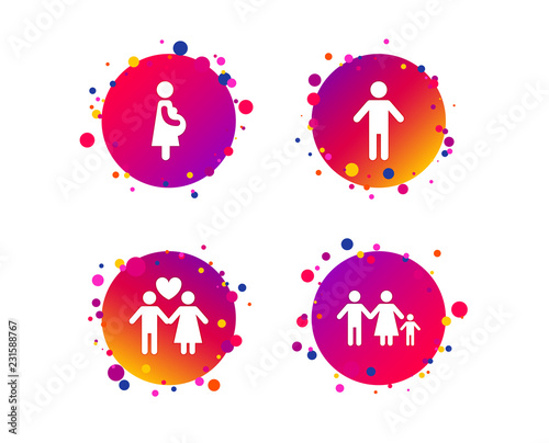 Family lifetime icons. Couple love, pregnant and birth of a child symbols. Human male person sign. Gradient circle buttons with pregnant icons. Random dots design. Vector