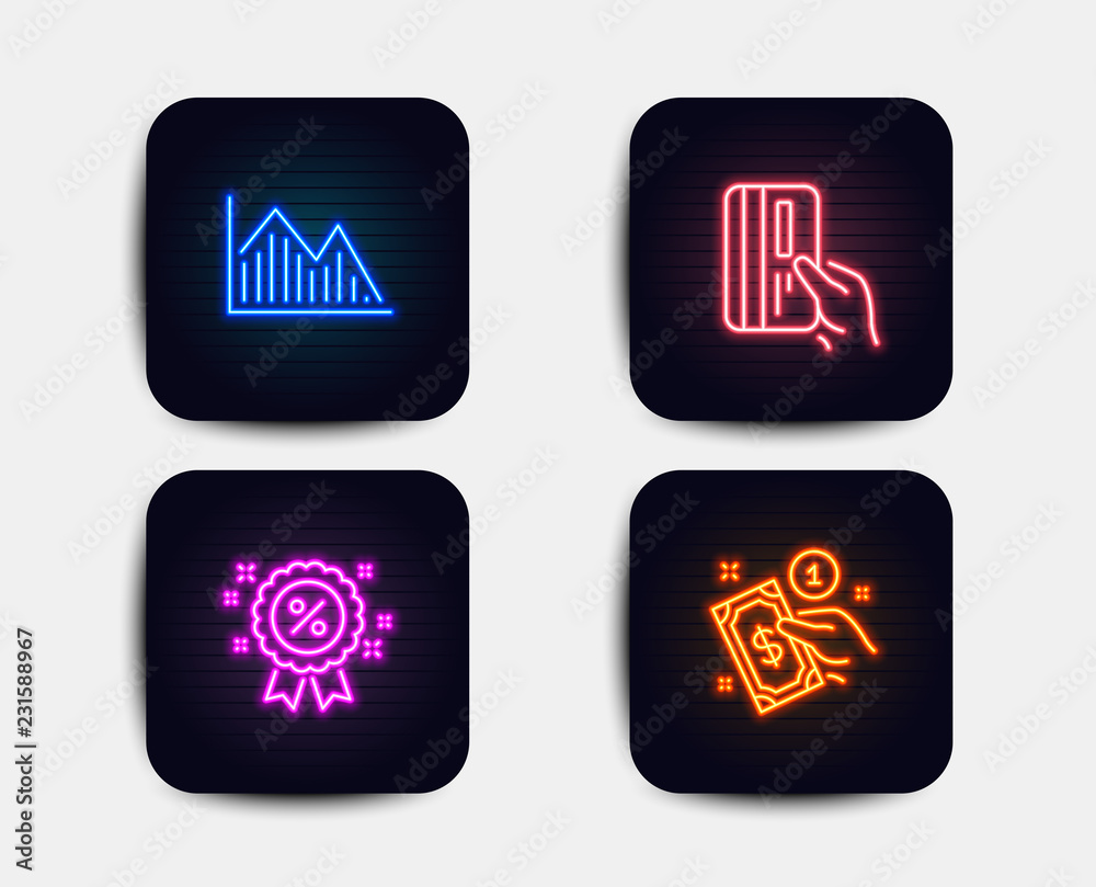 Neon set of Investment graph, Discount and Payment card icons. Payment method sign. Investment infochart, Sale shopping, Credit card. Give money. Neon graph icons. Glowing light banners Neon set of Investment graph, Discount and Payment card icons. Payment method sign. Investment infochart, Sale shopping, Credit card. Give money. Neon graph icons. Glowing light banners