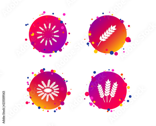 Agricultural icons. Gluten free or No gluten signs. Wreath of Wheat corn symbol. Gradient circle buttons with icons. Random dots design. Vector