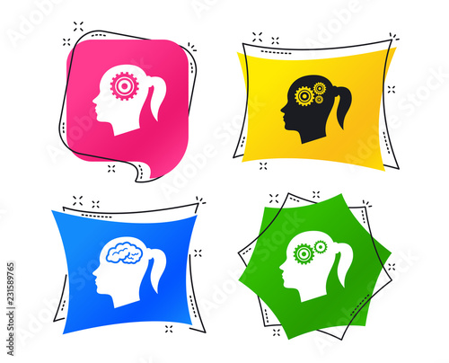 Head with brain icon. Female woman think symbols. Cogwheel gears signs. Geometric colorful tags. Banners with flat icons. Trendy design. Vector