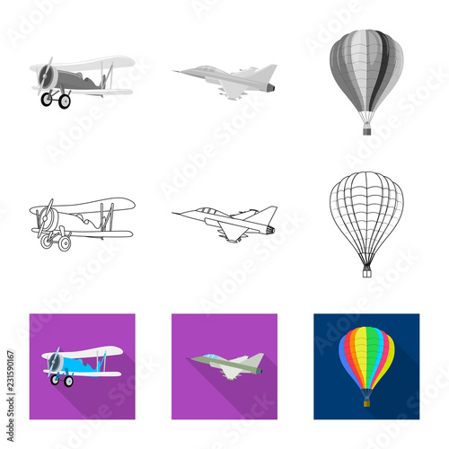 Vector illustration of plane and transport symbol. Collection of plane and sky stock vector illustration.