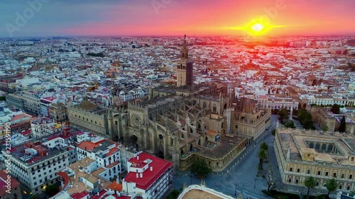 Sunrise aerial view of Seville Cathedral