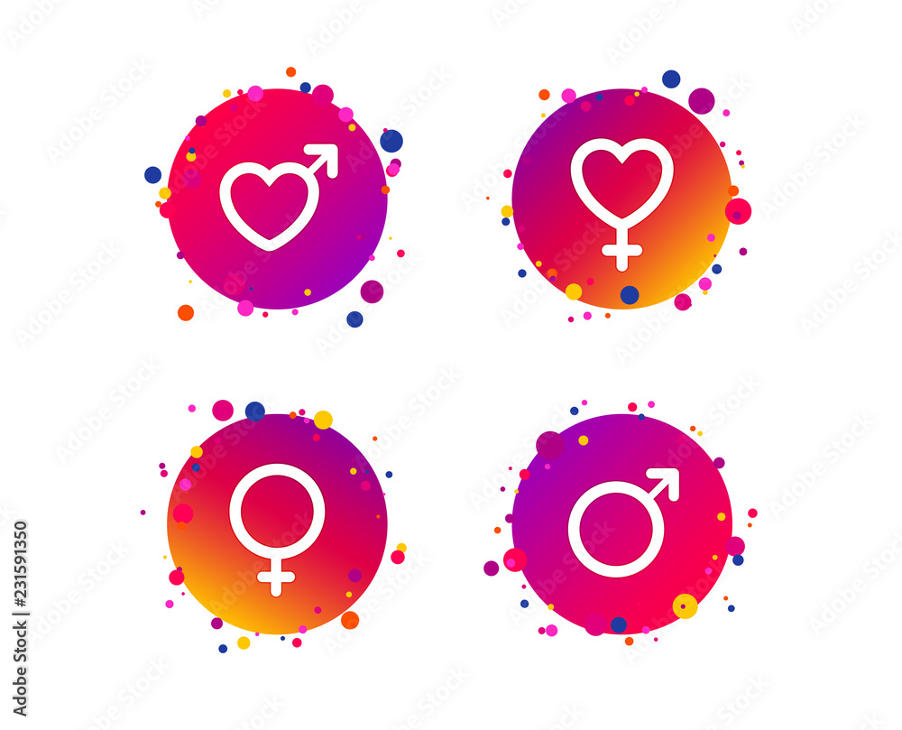 Male and female sex icons. Man and Woman signs with hearts symbols. Gradient circle buttons with icons. Random dots design. Vector Male and female sex icons. Man and Woman signs with hearts symbols. Gradient circle buttons with icons. Random dots design. Vector