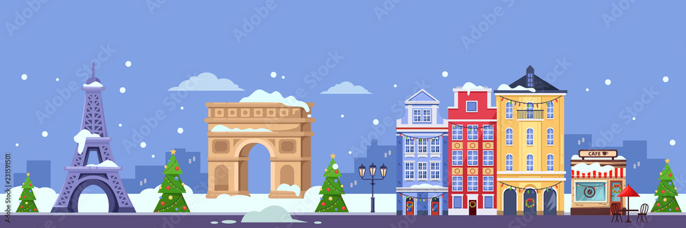 Winter in Paris. Vector flat illustration. Christmas and New Year travel to France