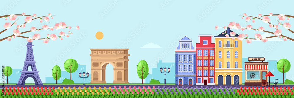 Spring season in Paris. Vector flat illustration of cityscape with Eiffel tower, Triumphal Arch and old buildings.