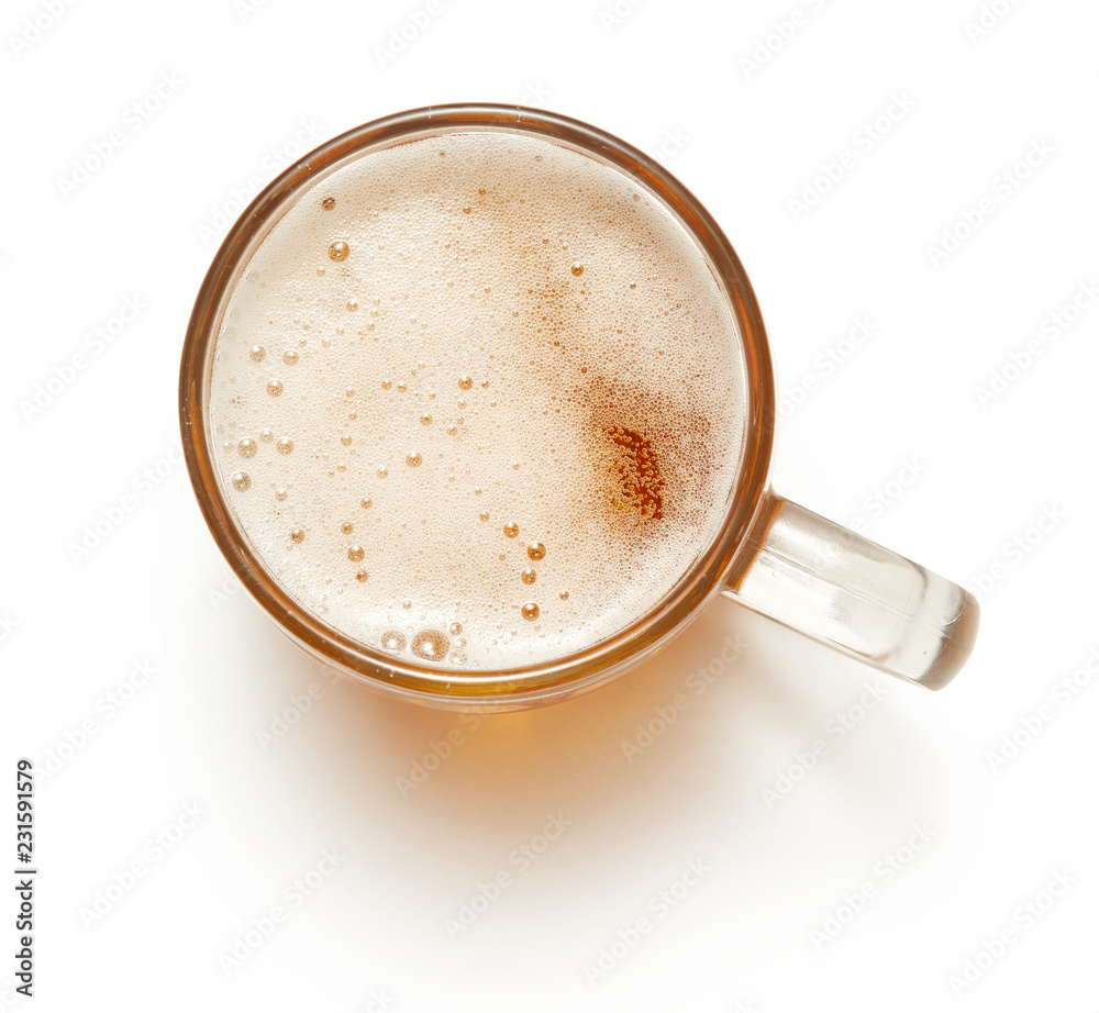 top view of mug of beer isolated on white background top view of mug of beer isolated on white background