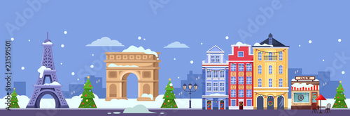 Winter in Paris. Vector flat illustration. Christmas and New Year travel to France