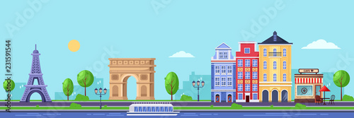 Summer season in Paris. Vector flat illustration of cityscape with Eiffel tower, Triumphal Arch and old buildings.