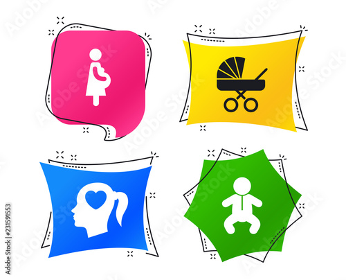 Maternity icons. Baby infant, pregnancy and buggy signs. Baby carriage pram stroller symbols. Head with heart. Geometric colorful tags. Banners with flat icons. Trendy design. Vector