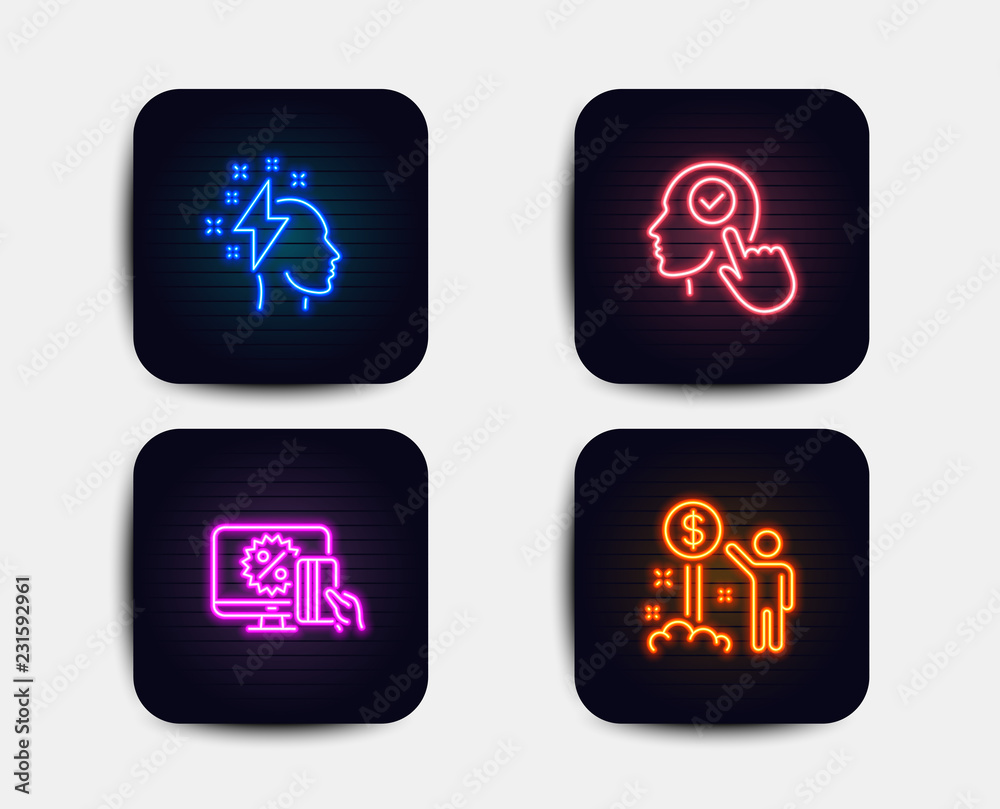 Neon glow lights. Set of Online shopping, Select user and Brainstorming icons. Income money sign. Black friday, Head with checkbox, Lightning bolt. Wealth. Neon icons. Glowing light banners. Vector Neon glow lights. Set of Online shopping, Select user and Brainstorming icons. Income money sign. Black friday, Head with checkbox, Lightning bolt. Wealth. Neon icons. Glowing light banners. Vector