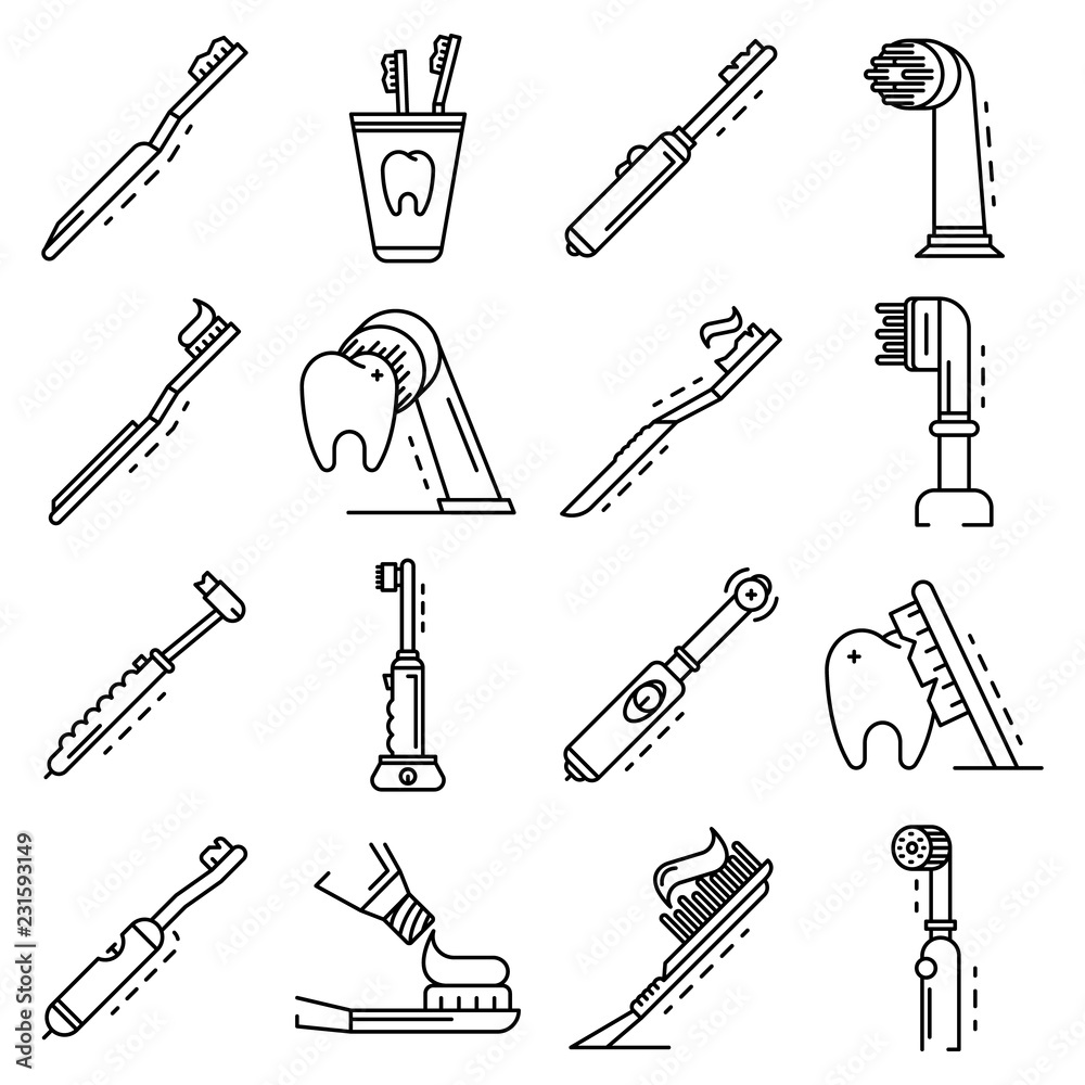Obraz premium Toothbrush icon set. Outline set of toothbrush vector icons for web design isolated on white background