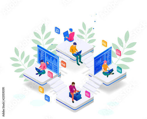 Isometric programmer coding new project. Web Development and Programming Skills for website. WEB Banner illustration project team of engineers for website, PHP, HTML, C++, CSS, Js.