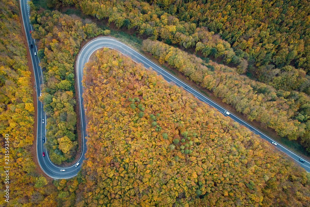 Aerial view of winding road  thorugh Pezinska baba forest in autumn colors, Slovakia