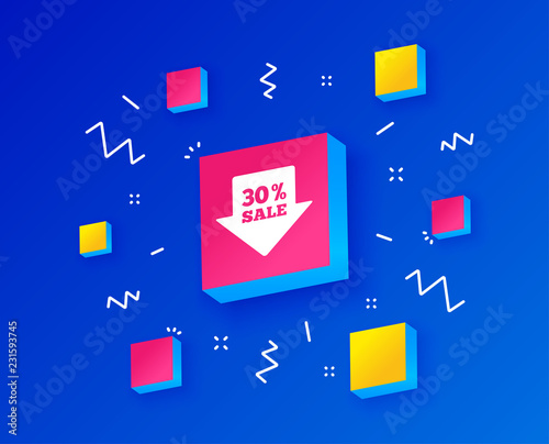 30% sale arrow tag sign icon. Discount symbol. Special offer label. Isometric cubes with geometric shapes. Creative shopping banners. Template for design. Vector