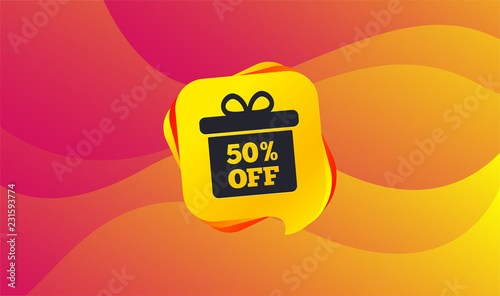 50% sale gift box tag sign icon. Discount symbol. Special offer label. Wave background. Abstract shopping banner. Template for design. Vector