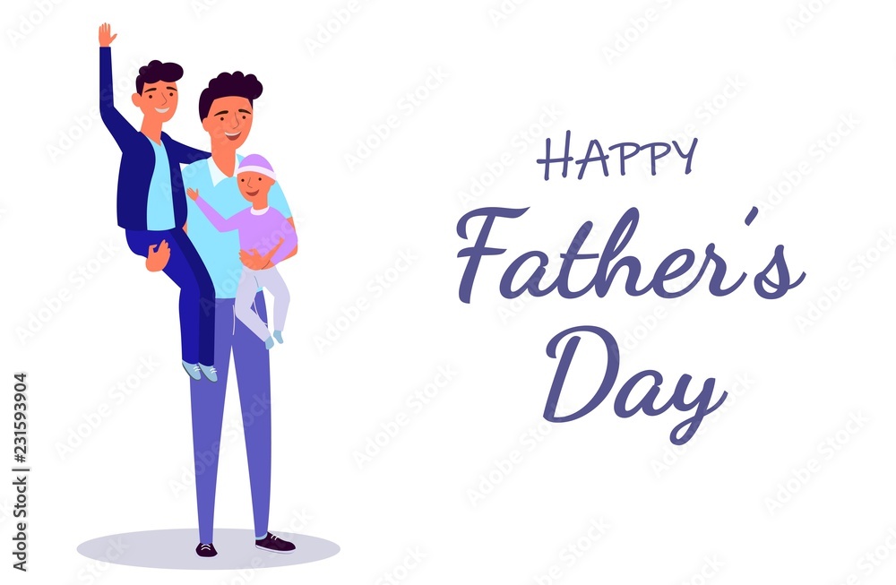 ПечатьFather holding his son and daughter. Modern flat vector, made in blue pink and violet colors. A poster on a white background with congratulations on Father's Day. ПечатьFather holding his son and daughter. Modern flat vector, made in blue pink and violet colors. A poster on a white background with congratulations on Father's Day.