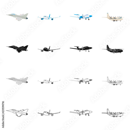 Vector illustration of plane and transport icon. Collection of plane and sky stock vector illustration.