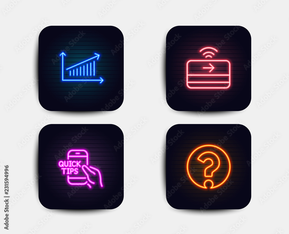 Neon glow lights. Set of Chart, Education and Contactless payment icons. Question mark sign. Presentation chart, Quick tips, Financial payment. Ask support. Neon icons. Glowing light banners. Vector Neon glow lights. Set of Chart, Education and Contactless payment icons. Question mark sign. Presentation chart, Quick tips, Financial payment. Ask support. Neon icons. Glowing light banners. Vector