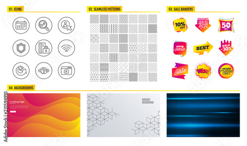 Seamless pattern. Shopping mall banners. Set of Security, User and Quiz test icons. Wifi, Analytics and Calendar signs. Share idea, Blocked card and Video content symbols. Vector