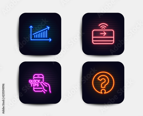 Neon glow lights. Set of Chart, Education and Contactless payment icons. Question mark sign. Presentation chart, Quick tips, Financial payment. Ask support. Neon icons. Glowing light banners. Vector