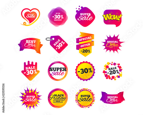Sale banner templates design. Special offer tags. Cyber monday sale discounts. Black friday shopping icons. Best ultimate offer. Super shopping discount icons. Vector