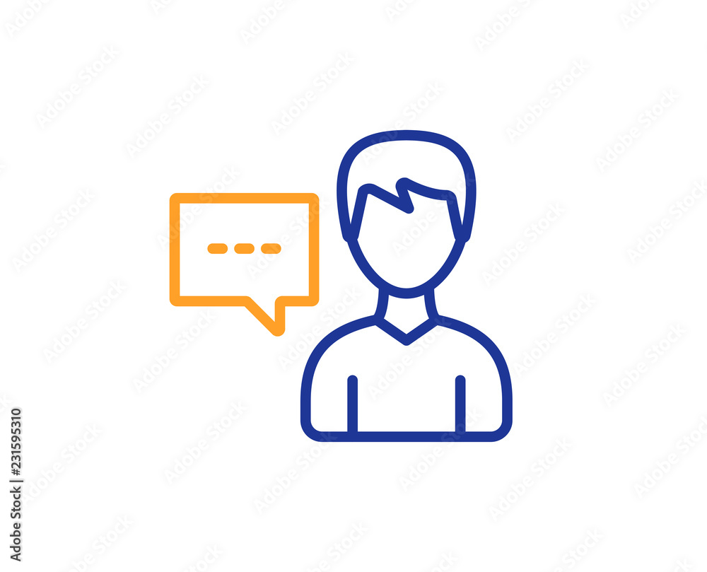 User communication line icon. Male Person with chat speech bubble sign. Human silhouette symbol. Colorful outline concept. Blue and orange thin line color icon. Person talk Vector User communication line icon. Male Person with chat speech bubble sign. Human silhouette symbol. Colorful outline concept. Blue and orange thin line color icon. Person talk Vector