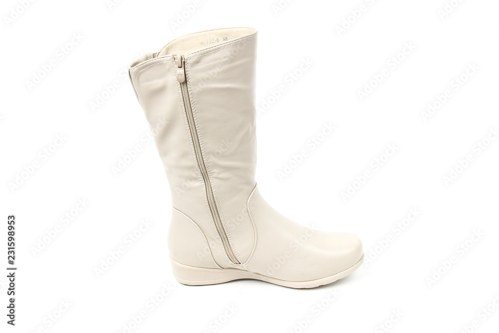 Women's photo boot beige leather shoes isolated on white background
