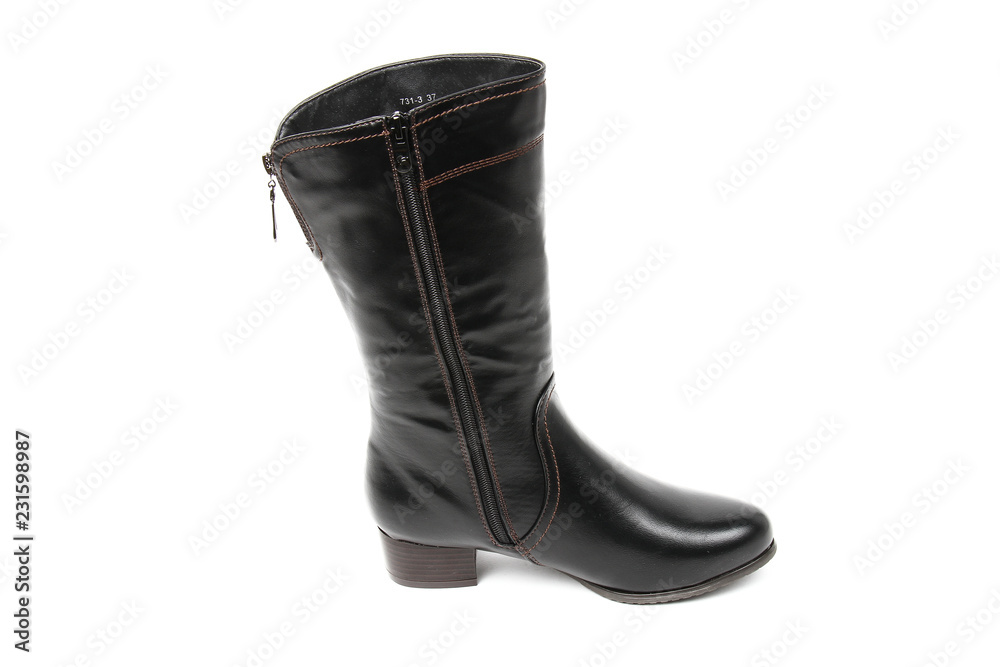 Women's photo boot black leather shoes isolated on white background