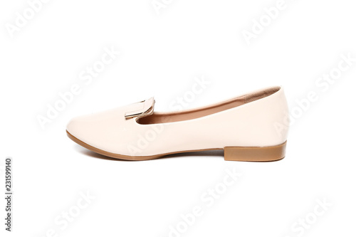 Women's flat photo beige shoes isolated on white background