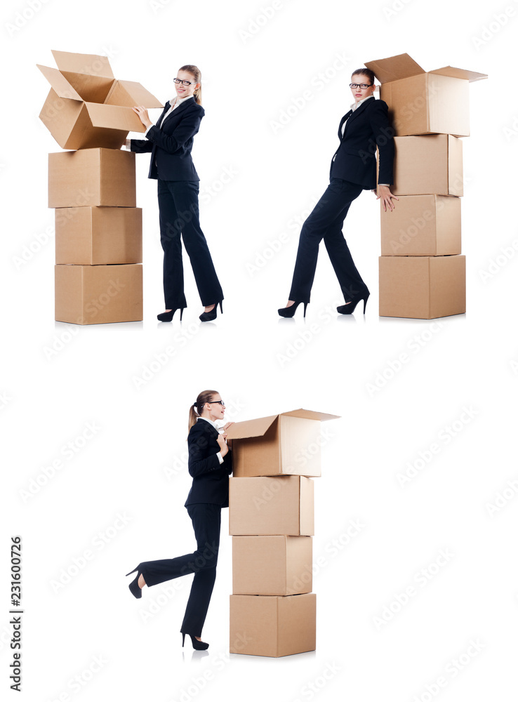 Businesswoman with boxes isolated on white Businesswoman with boxes isolated on white