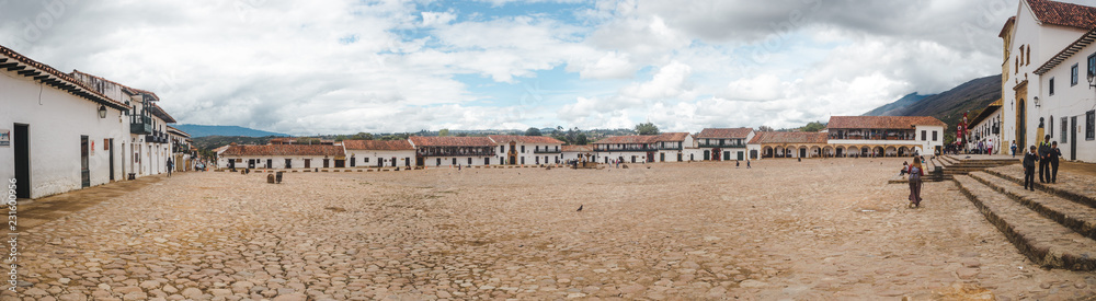 Plaza Mayor, the main town square of Villa de Leyva, Colombia, famous for its large expanse of cobbled space Plaza Mayor, the main town square of Villa de Leyva, Colombia, famous for its large expanse of cobbled space