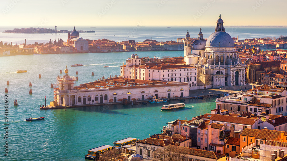 Aerial View of the Grand Canal and Basilica Santa Maria della Salute, Venice, Italy. Venice is a popular tourist destination of Europe. Venice, Italy.