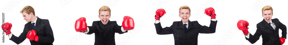 Young employee with boxing gloves isolated on white Young employee with boxing gloves isolated on white