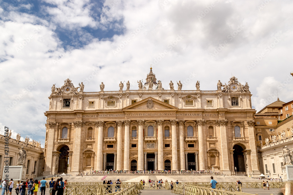 The facade of the historic St Peter's Basilica, at the heart of St Peter's square and the Vatican city