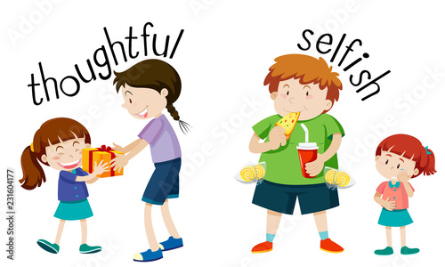 English vocabulary word thoughtful and selfish