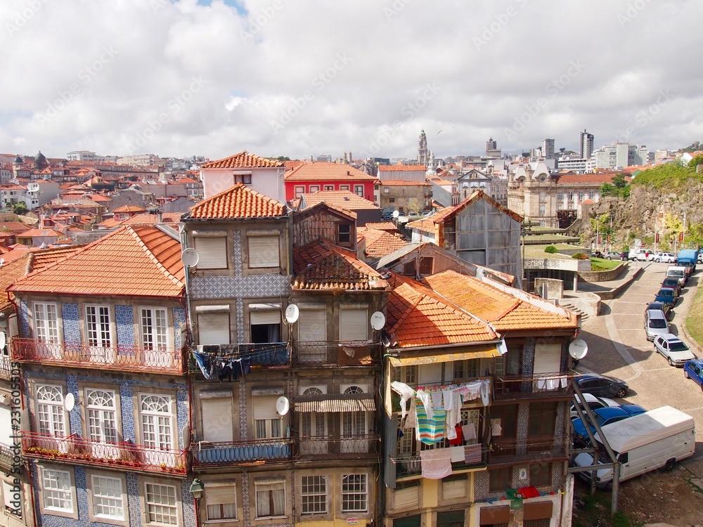 Typical houses from porto (Portugal) in all colors with hanging laundry