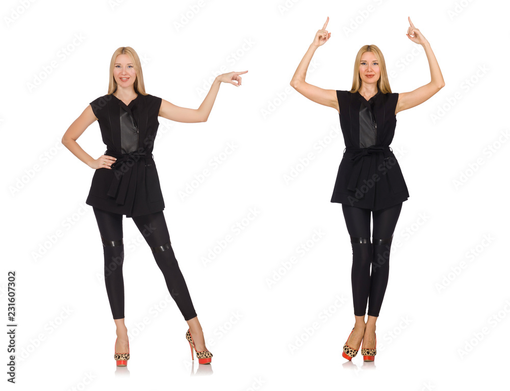 Pretty woman in tight black pants isolated on white
