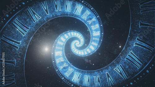 The composition of the space of time, the flight in space in a spiral of Roman clocks 3d illustration photo