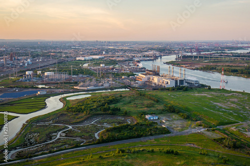Aerial view of factory building at dusk