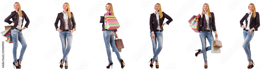 Beautiful woman with shopping bags isolated on white Beautiful woman with shopping bags isolated on white