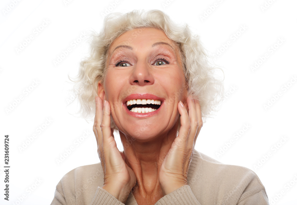 lifestyle, emotion and people concept: Grey haired old nice beautiful laughing woman. Isolated over vwhite background. lifestyle, emotion and people concept: Grey haired old nice beautiful laughing woman. Isolated over vwhite background.