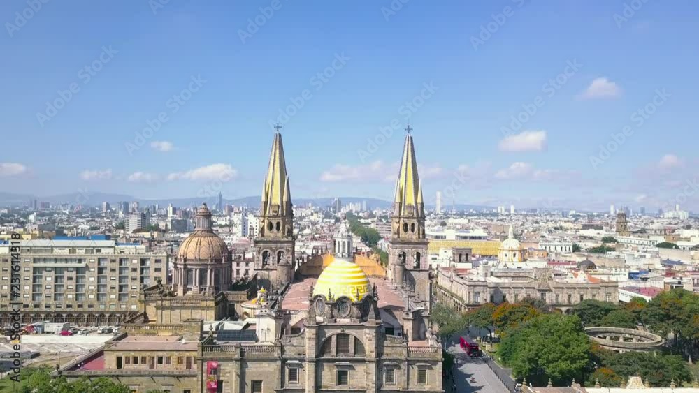 Unique Flyover 4k Aerial Drone Shot of Cathedral in Downtown, Centro, Guadalajara, Jalisco, Mexico. Camera Passes Overtop Large Church in City Unique Flyover 4k Aerial Drone Shot of Cathedral in Downtown, Centro, Guadalajara, Jalisco, Mexico. Camera Passes Overtop Large Church in City