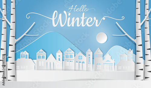 Landscape of village in winter snow forest, Hello Winter. Paper art style