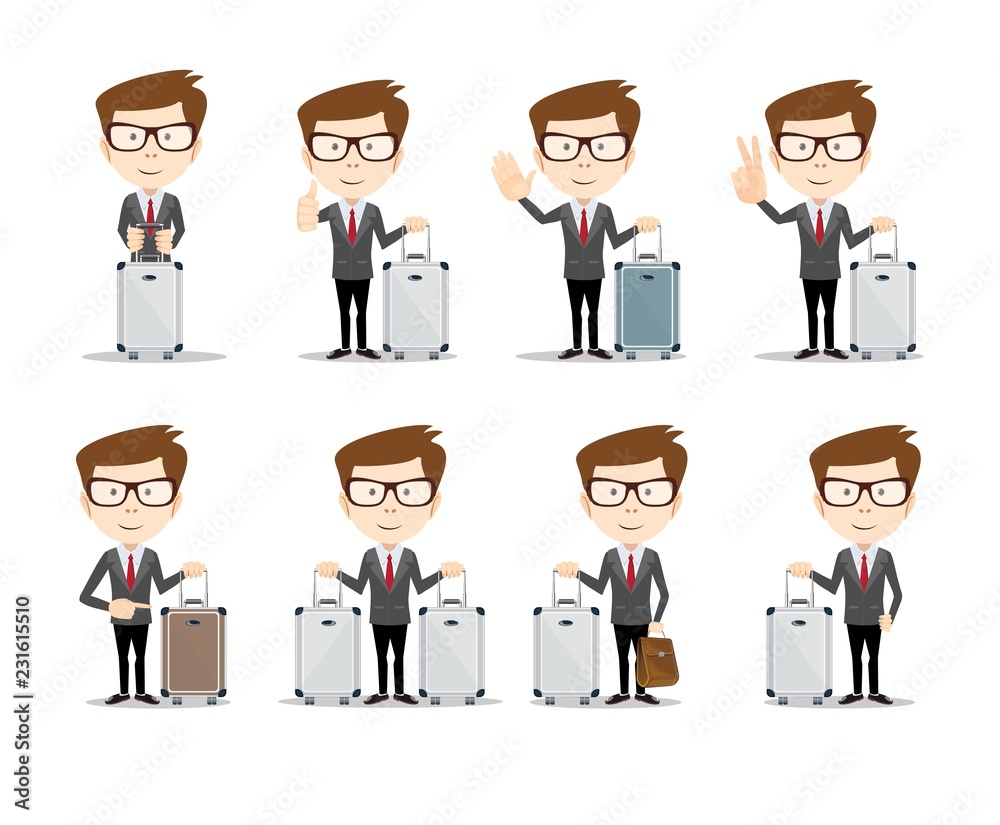 Set of Businessman in different poses with a suitcase . Full length, front view against white background. Stock flat vector illustration. Set of Businessman in different poses with a suitcase . Full length, front view against white background. Stock flat vector illustration.