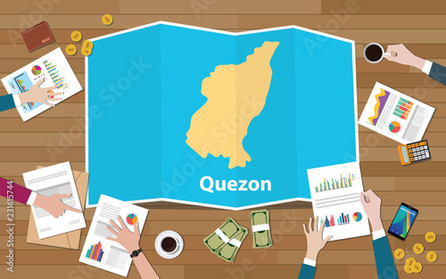 quezon philippines province city region economy growth with team discuss on fold maps view from top