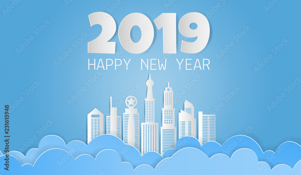 Paper art of skyscraper with clouds and 2019 HAPPY NEW YEAR text on blue sky, Modern city skyline building. Vector illustration Paper art of skyscraper with clouds and 2019 HAPPY NEW YEAR text on blue sky, Modern city skyline building. Vector illustration